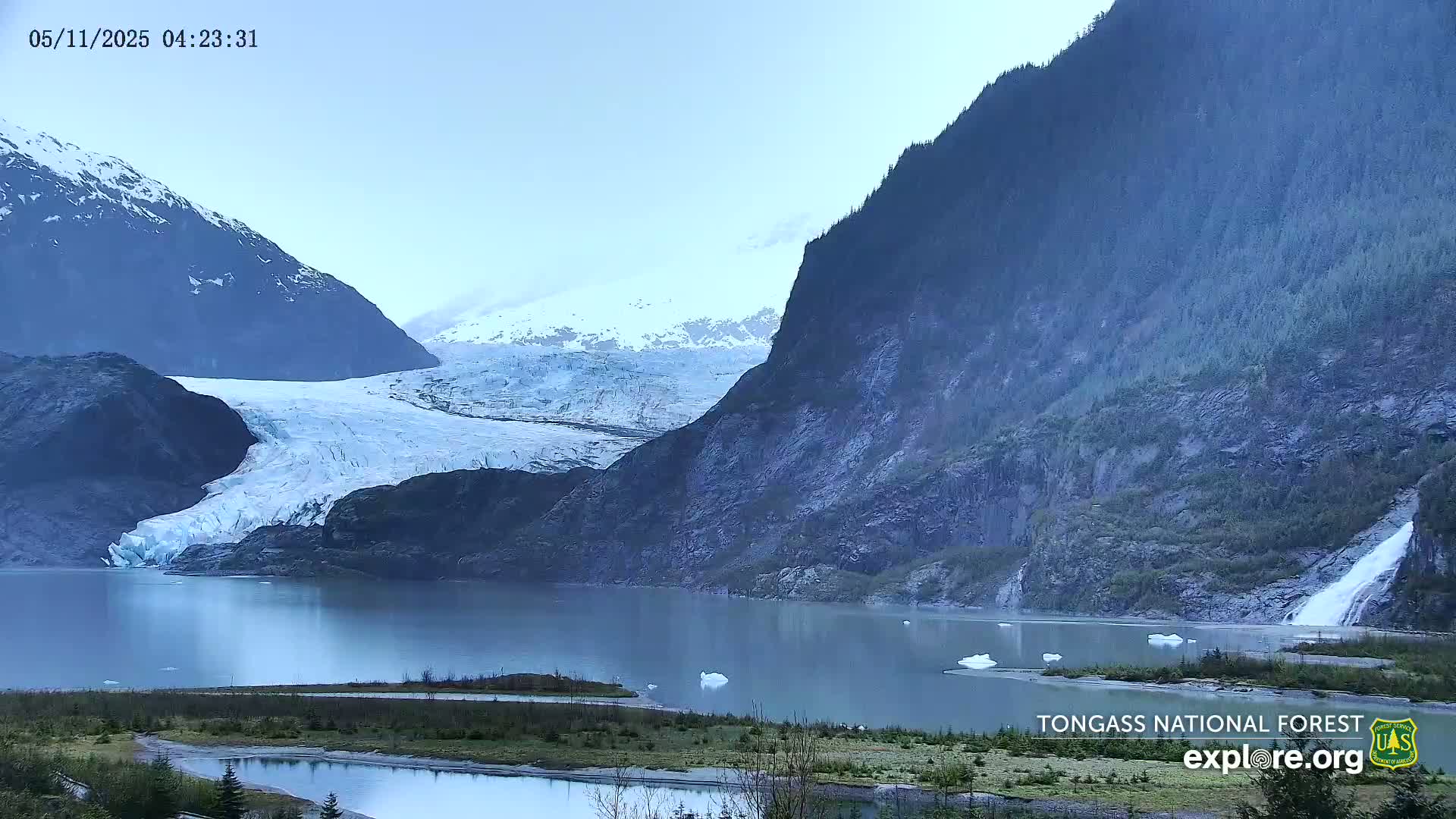 A large glacier flows into a calm lake nestled between steep, dark mountains under an overcast sky.