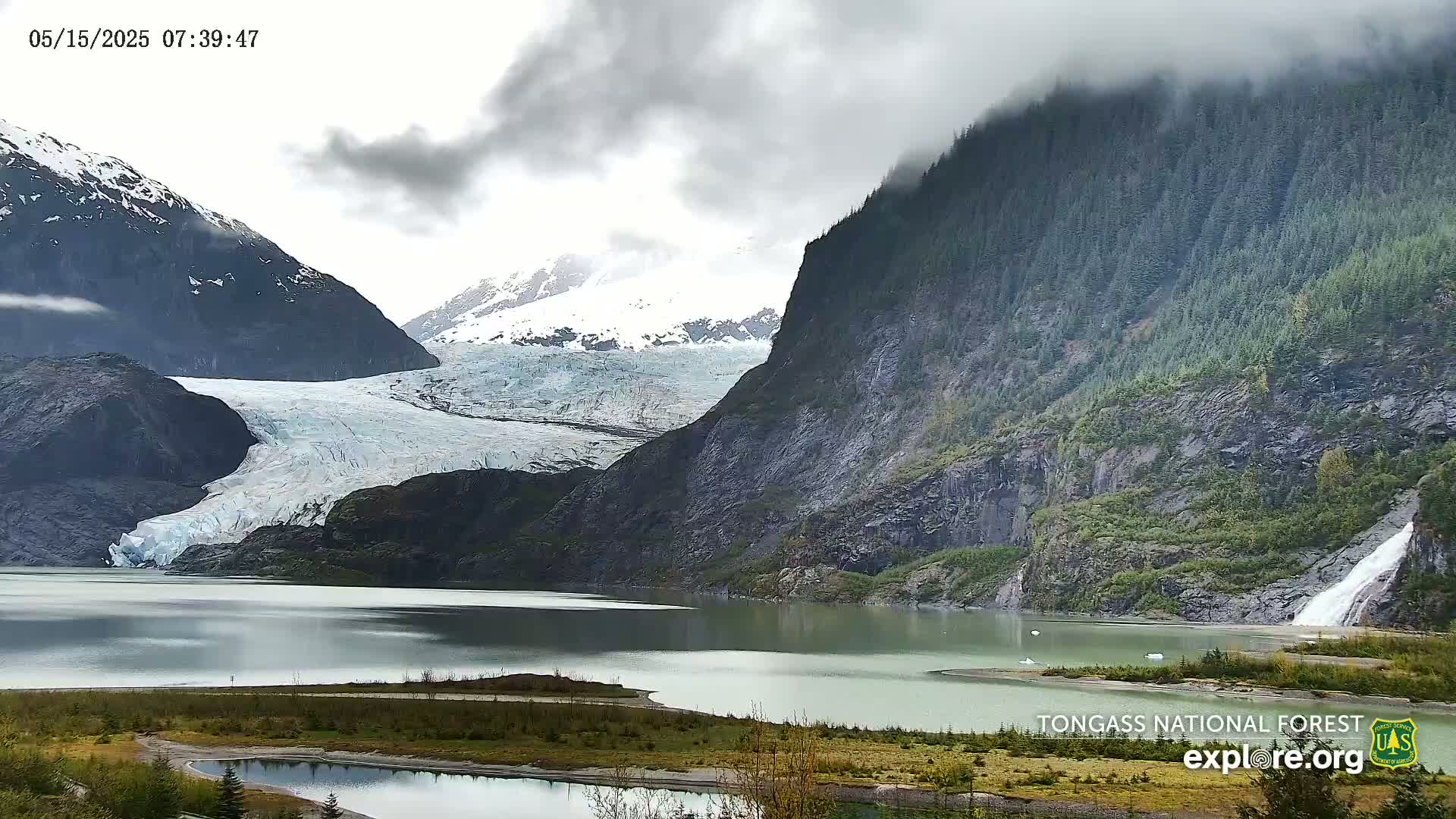 A glacier flows into a calm lake nestled between steep, dark mountains under an overcast sky.