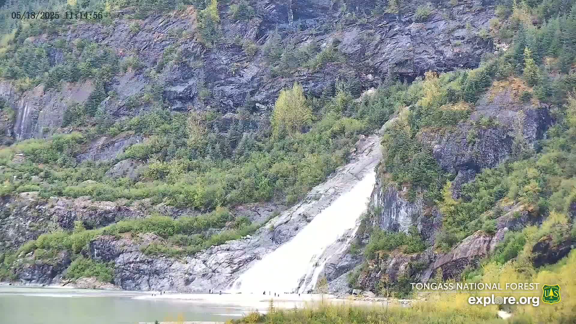 A large waterfall cascades down a rocky cliff face covered in lush green vegetation, into a calm body of water under an overcast sky.