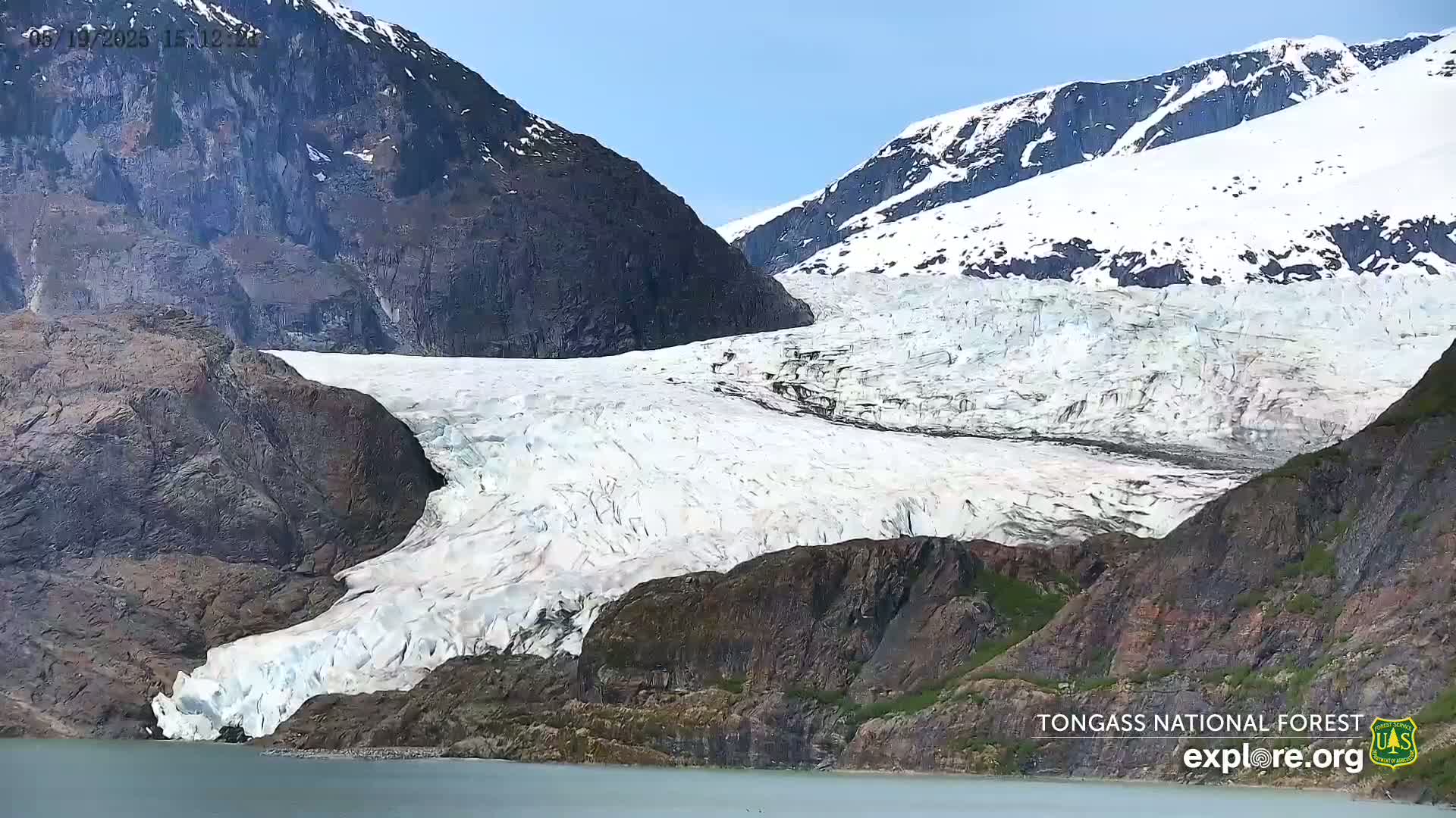 A large glacier flows down a mountain valley into a calm body of water under a clear, sunny sky.