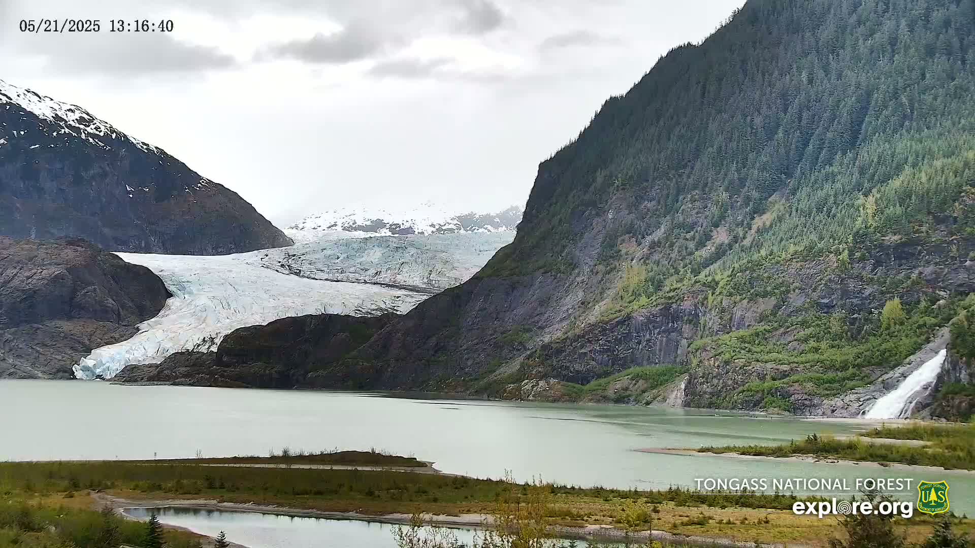 A glacier flows into a calm, pale-green lake nestled between steep, dark mountains under an overcast sky.