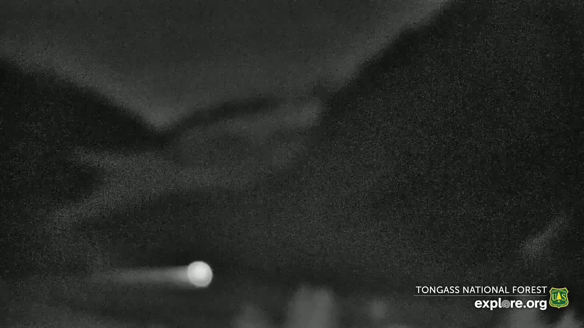 A low-light nighttime image shows a blurry, dark landscape with a small, bright light in the lower-left corner.