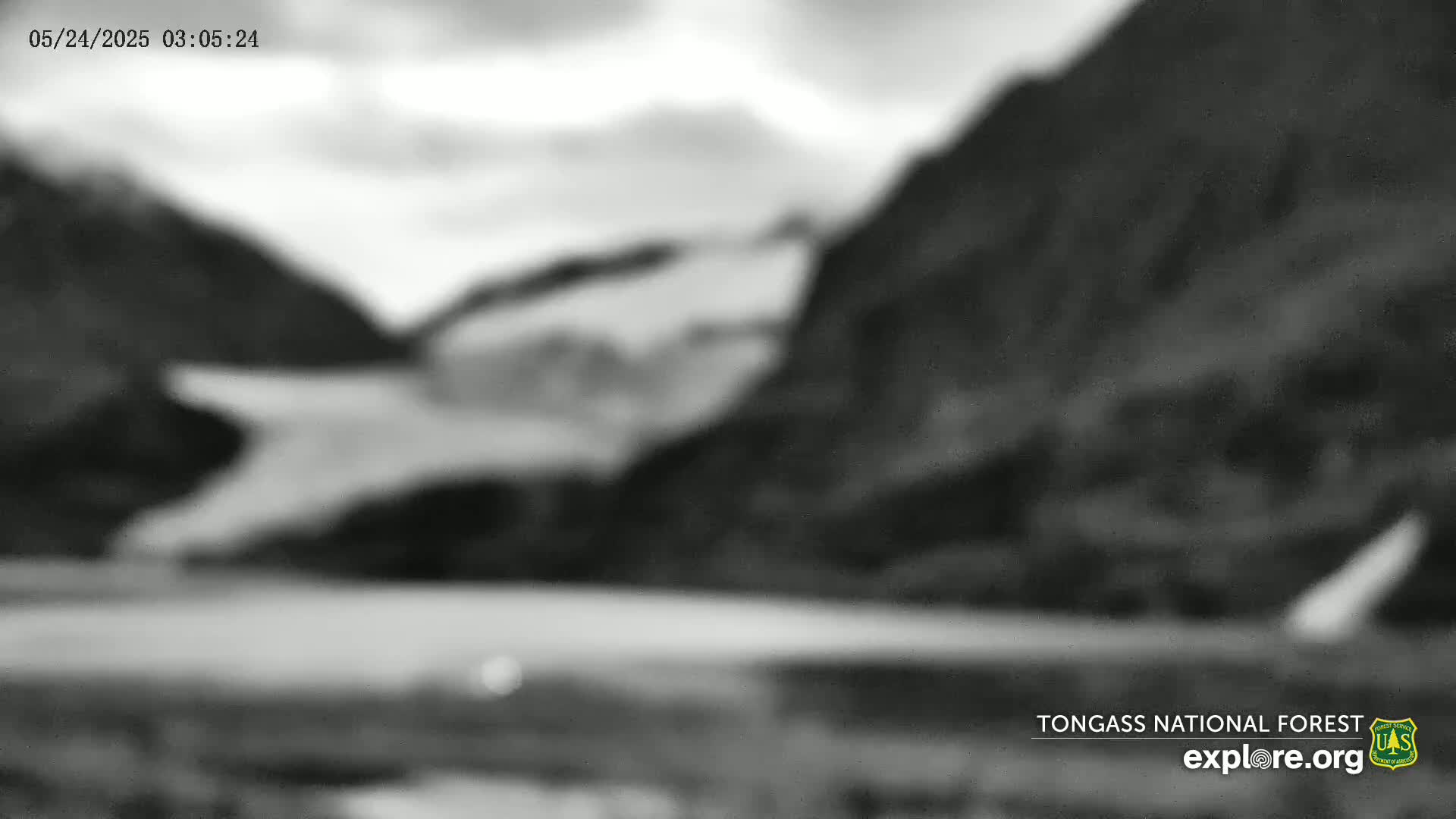 A blurry grayscale image shows a glacier nestled between dark mountains under an overcast sky.