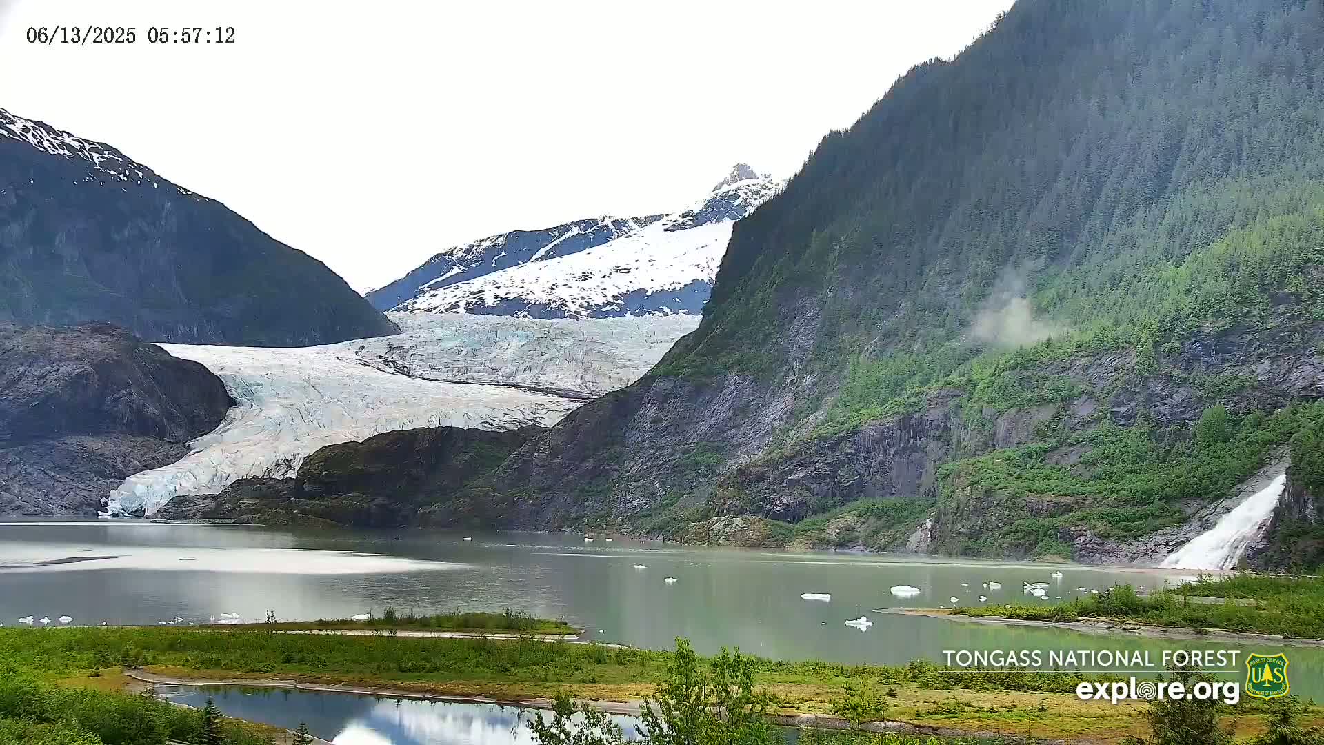 A glacier flows into a calm lake surrounded by steep, snow-capped mountains and lush green forests under an overcast sky.