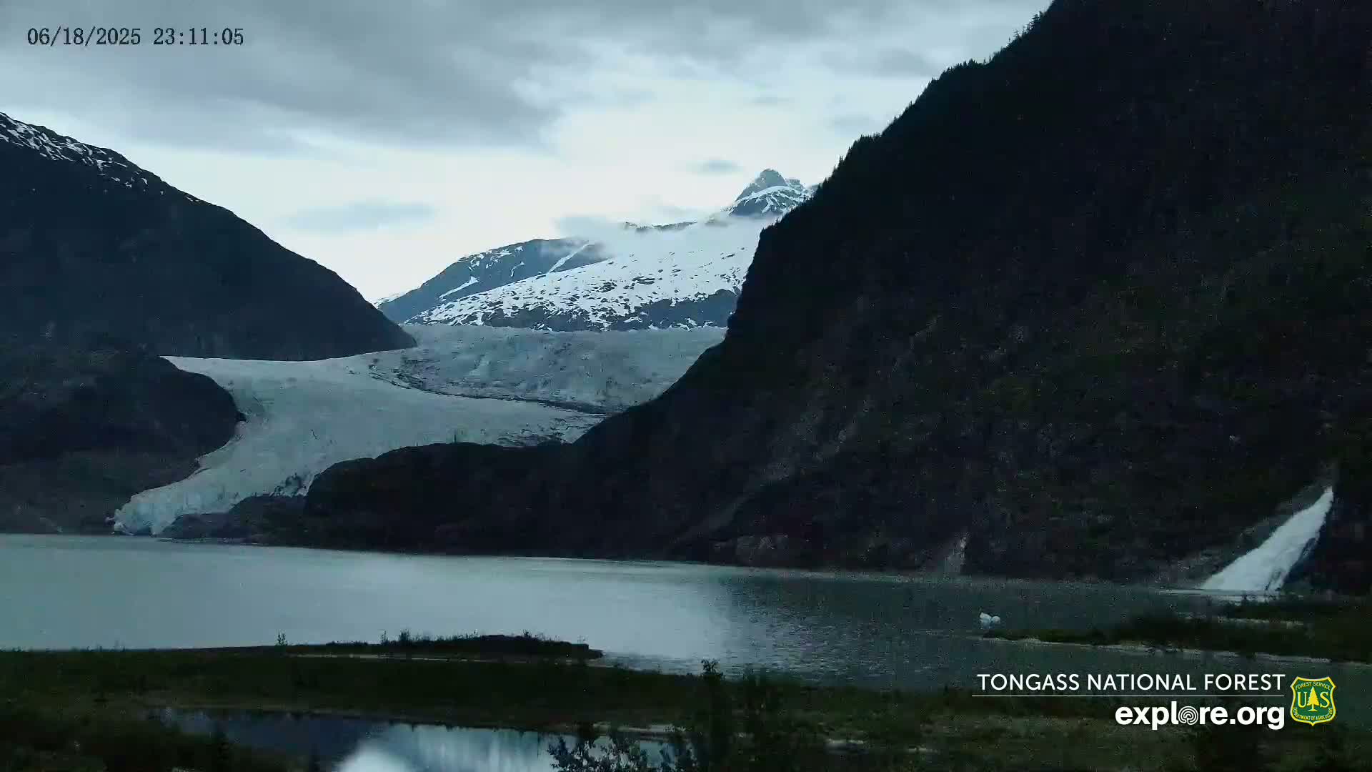 A glacier flows into a dark, still lake nestled between towering, dark mountains under an overcast sky.