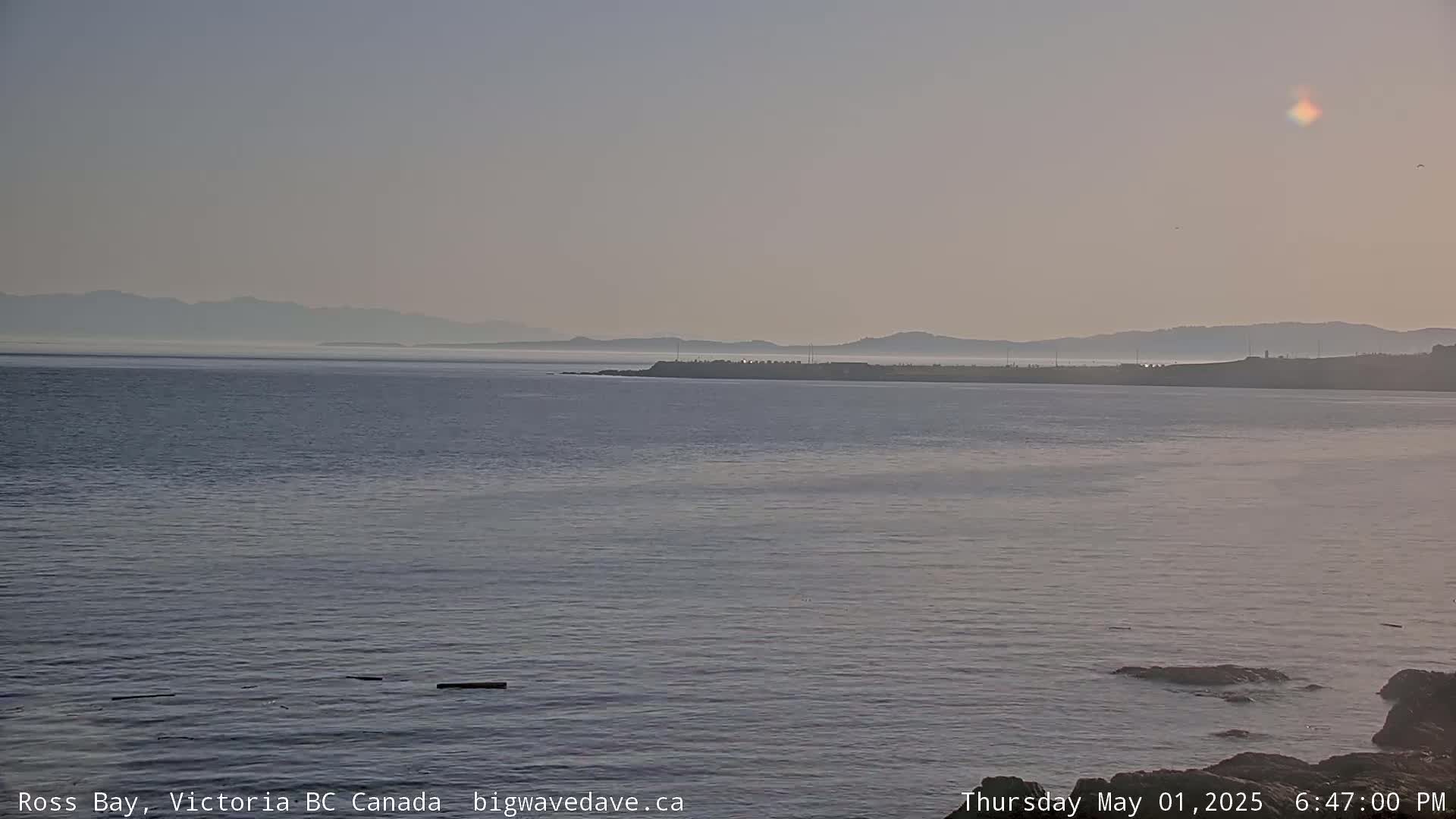 A calm, hazy ocean scene shows a distant mountain range under a pale sky, with dark rocks visible in the foreground.