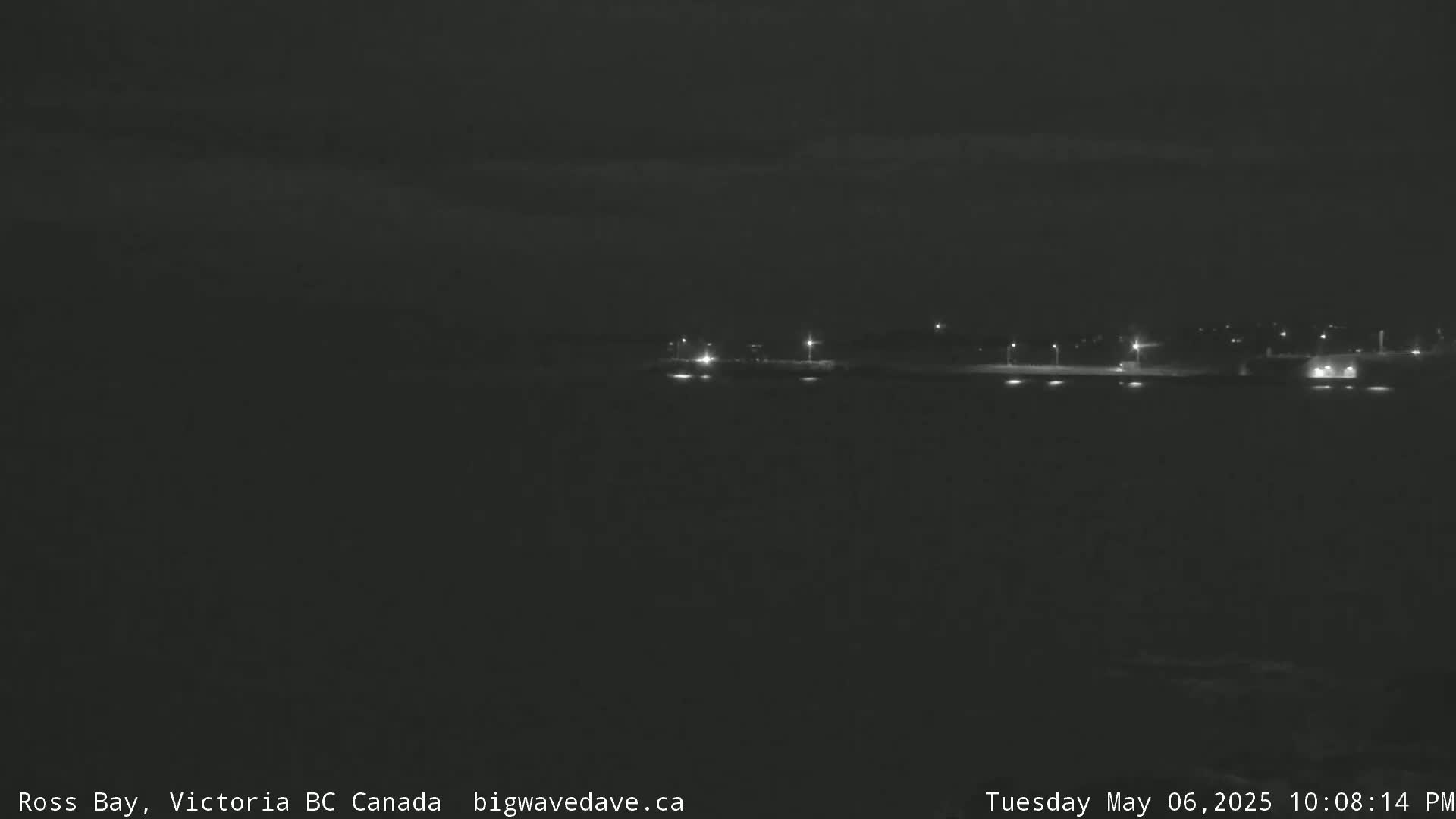 A dark, nighttime scene shows a distant shoreline with faint lights under a mostly clear sky.