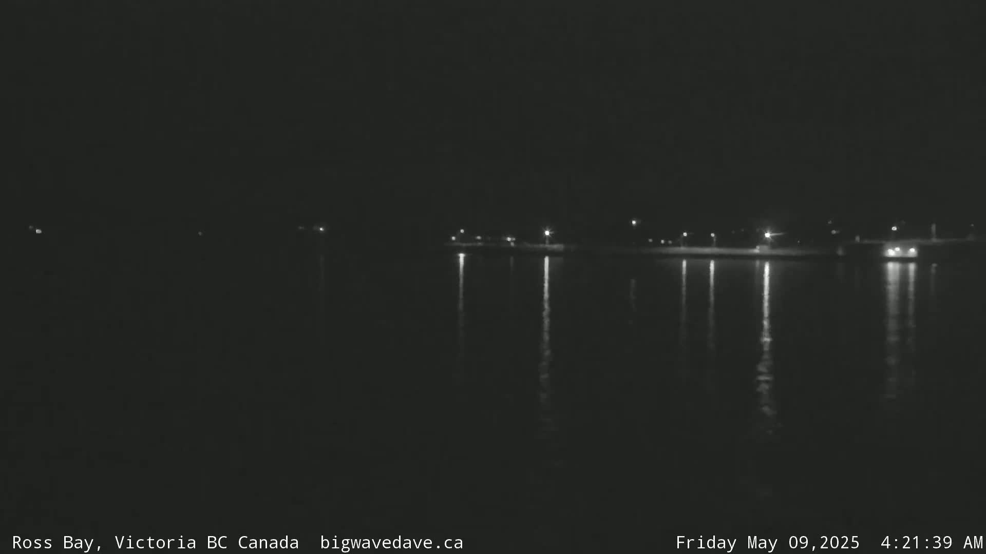 A nighttime view of calm water reflecting the lights of a distant shoreline.