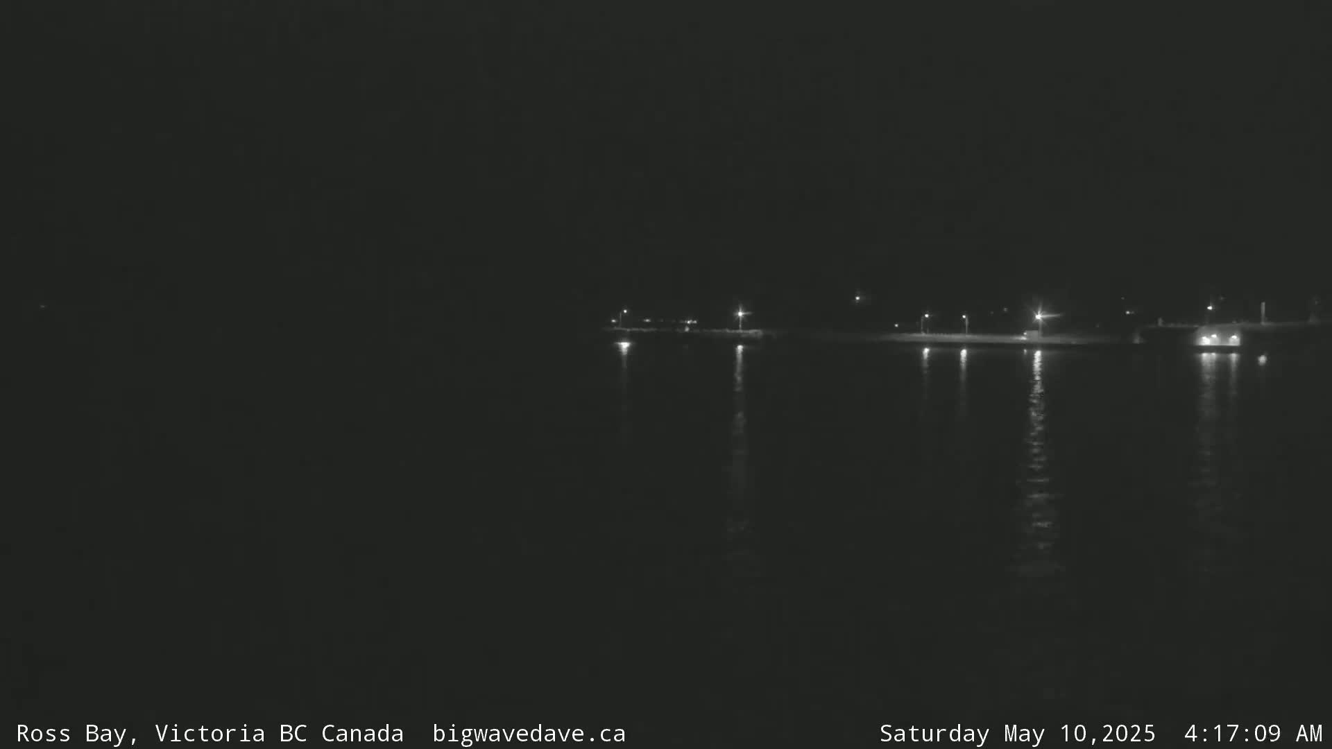 A dark, nighttime view of a calm body of water reflecting lights from a distant shoreline.