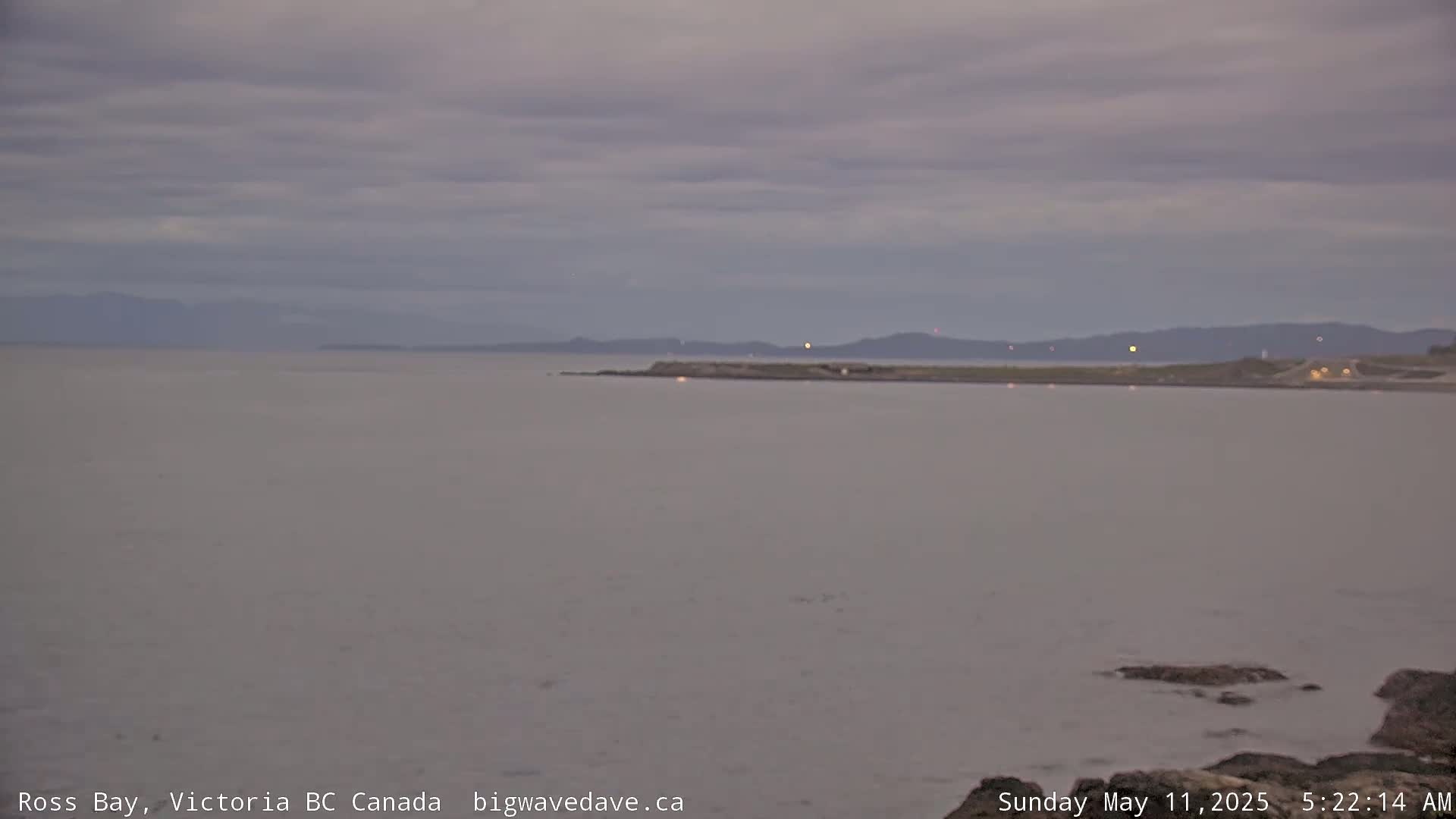 A calm bay under an overcast sky shows a distant shoreline with faint lights.