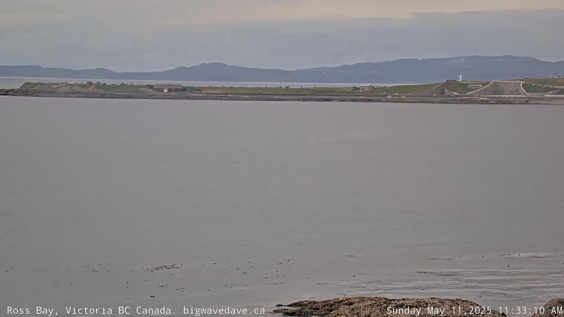 A calm, gray body of water stretches to a distant shoreline featuring a grassy area and low hills under an overcast sky.