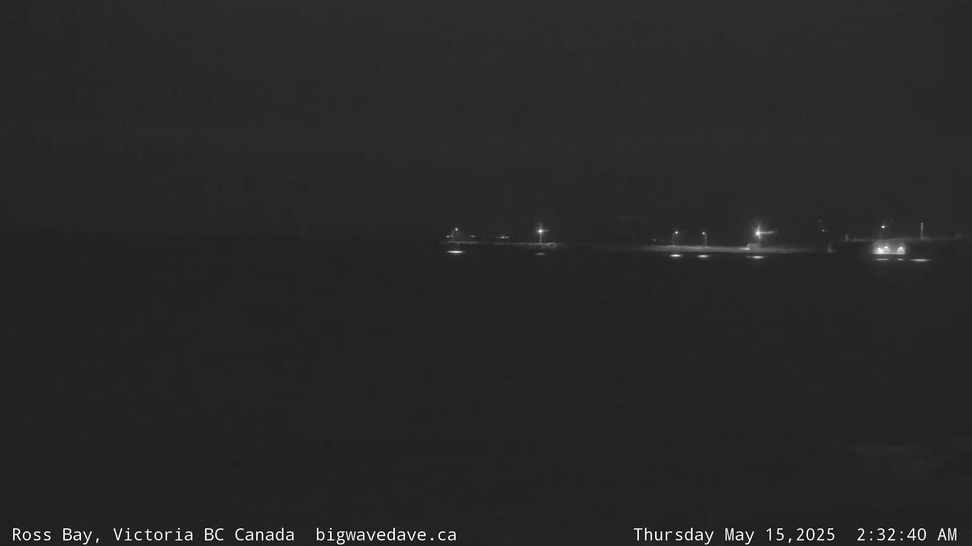 A dark, nighttime scene shows a dimly lit shoreline with a few distant lights.
