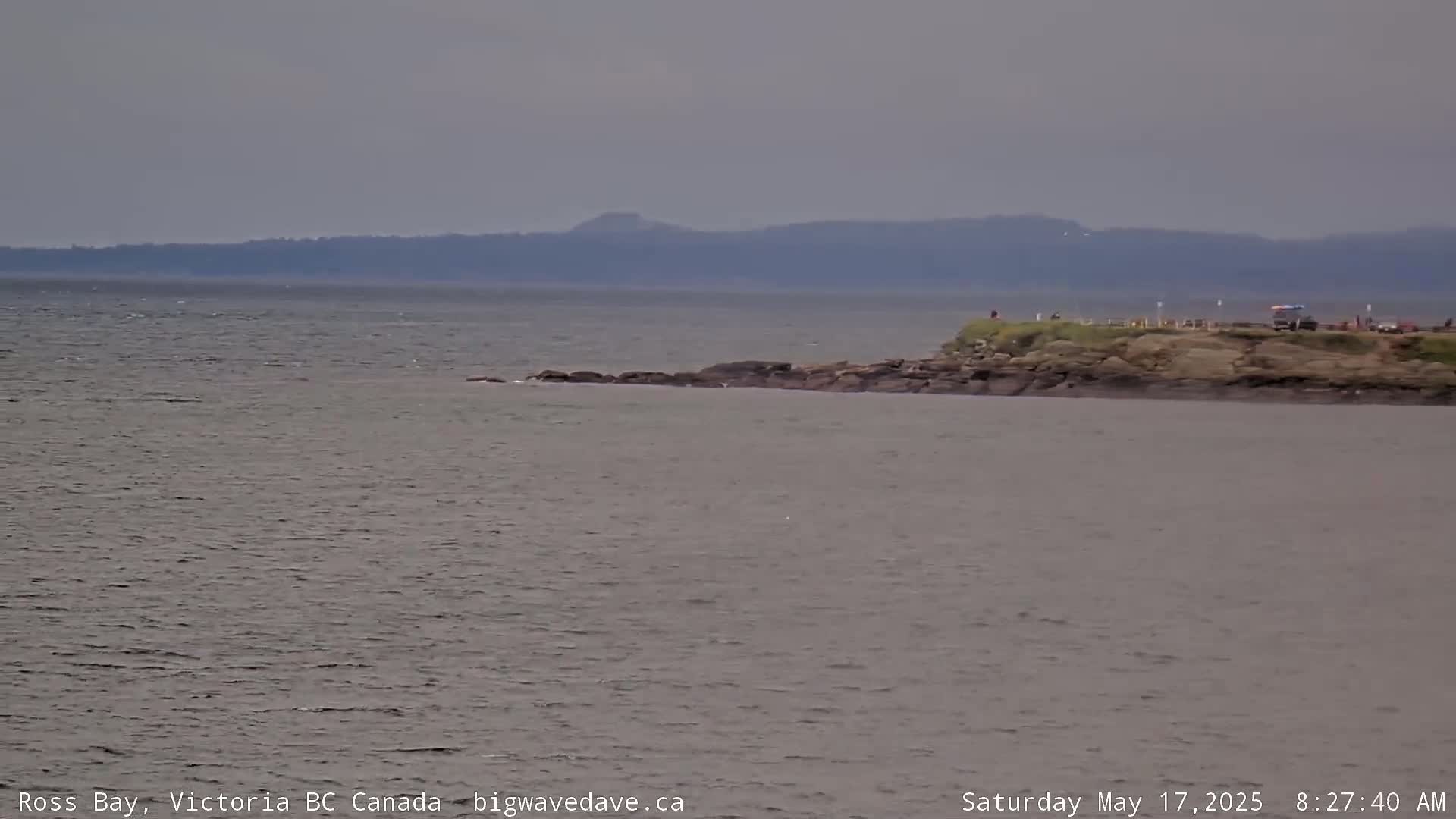 A rocky outcrop with a few people on it juts into a calm, gray body of water under an overcast sky, with a distant shoreline visible in the background.