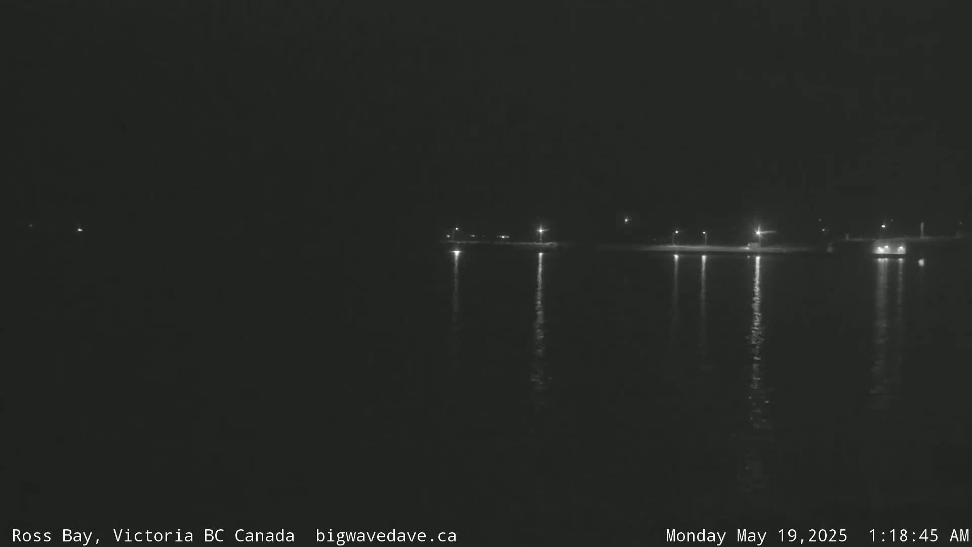 A nighttime view of a calm body of water reflecting the lights of a distant shoreline under a dark sky.