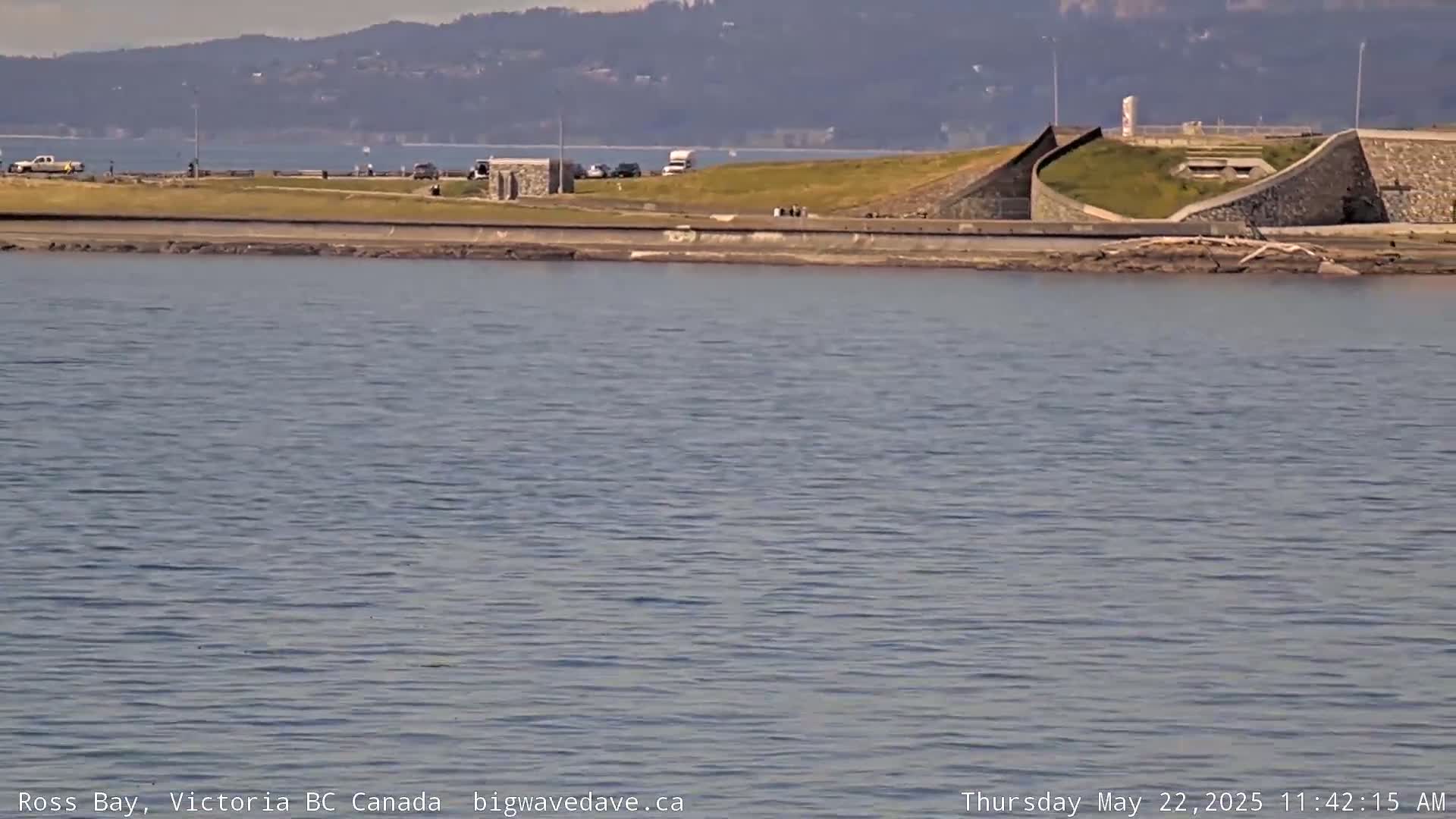 A calm body of water shows a shoreline with a roadway, grassy areas, and stone structures under a clear sky with distant mountains in the background.