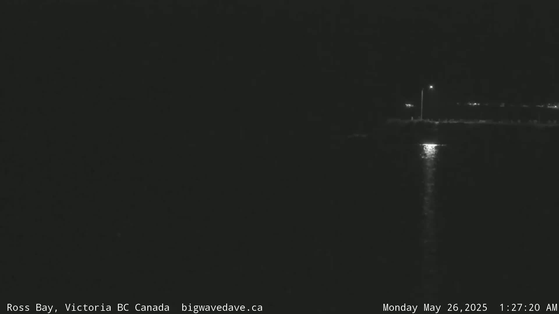 A nighttime view of a dark body of water reflecting light from a distant shore with a few lights visible.