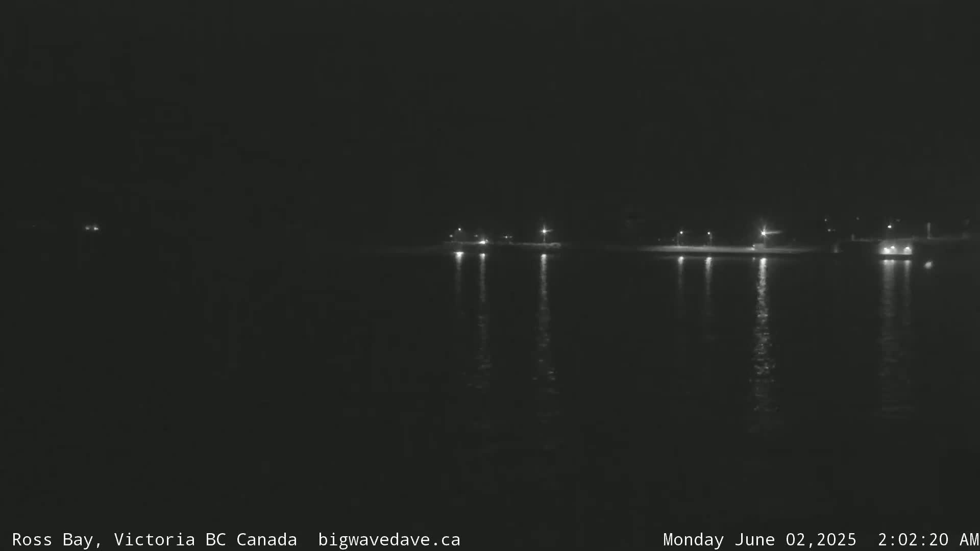 A nighttime view of a calm body of water reflecting the lights of a distant shoreline.