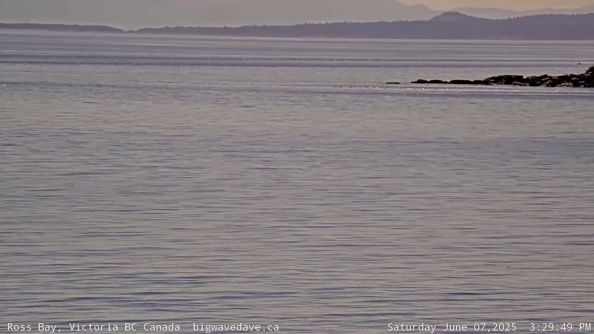 Calm water stretches to a distant shoreline under a hazy sky.