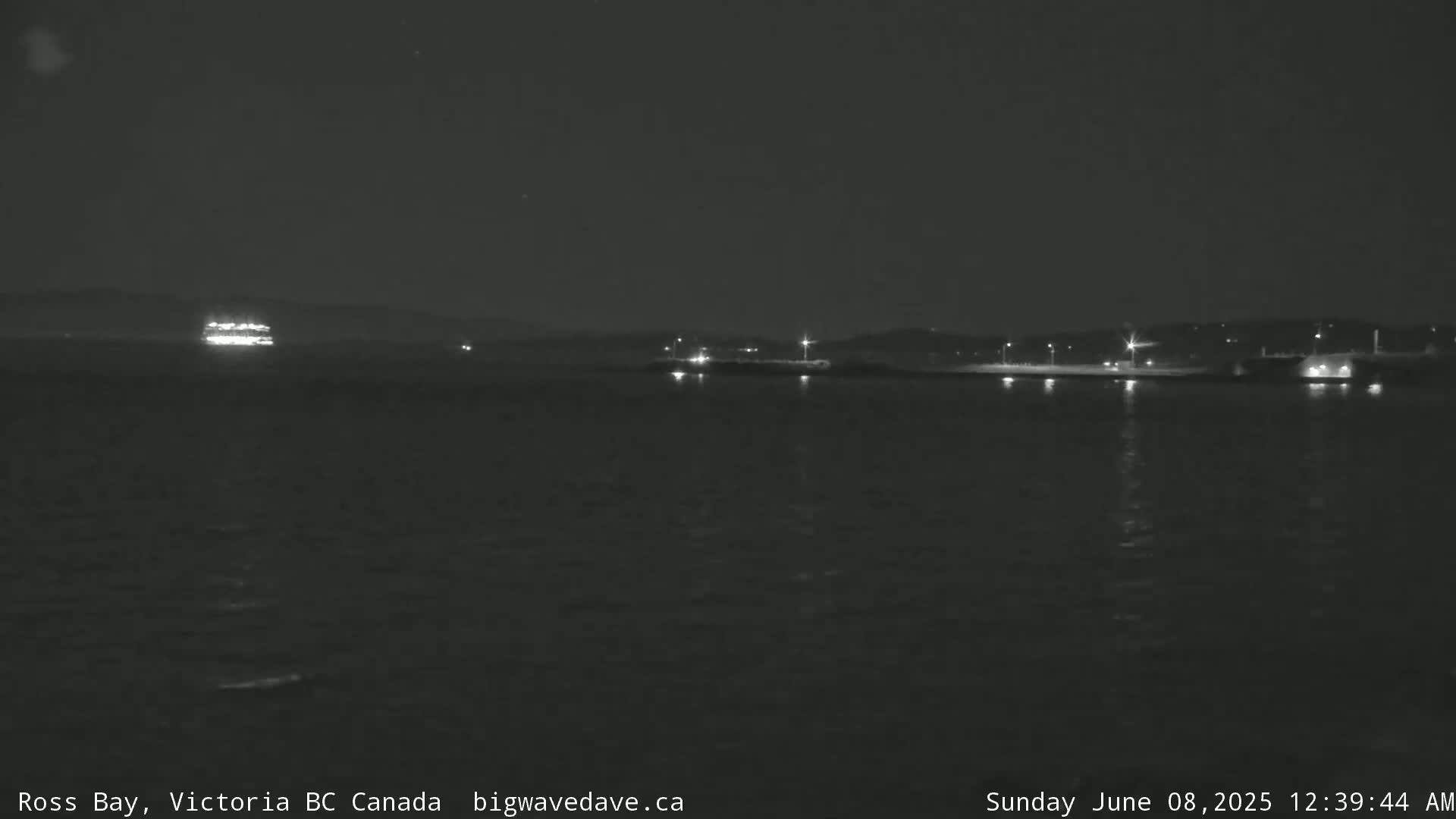 A dark nighttime scene shows a body of water with a distant ship and faintly lit shoreline.