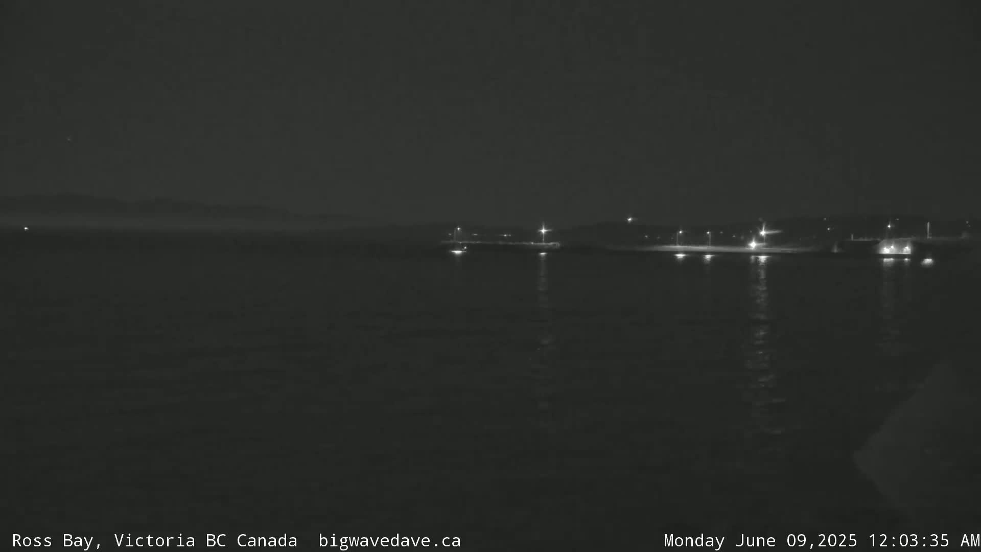 A nighttime, dark view of a calm body of water with a faintly visible shoreline featuring scattered lights.