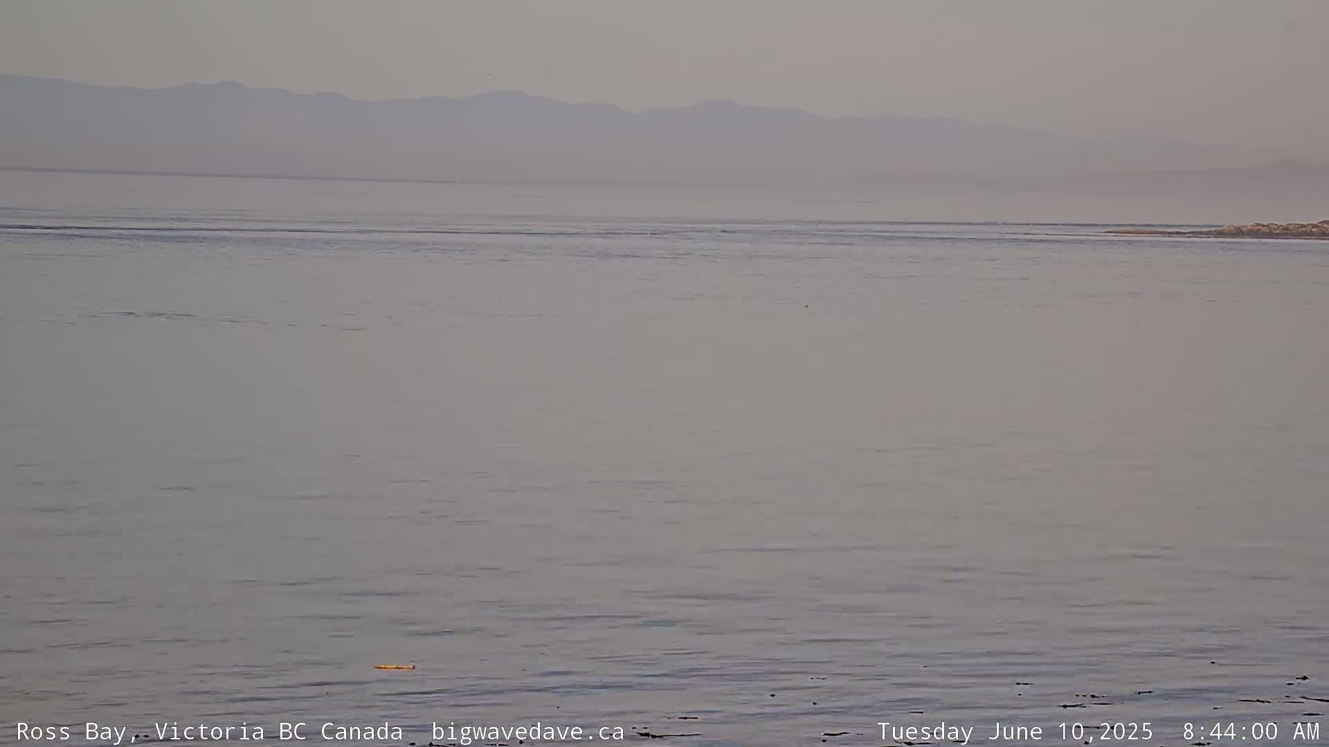 A calm, hazy body of water stretches to a distant, mountain range under a muted sky.