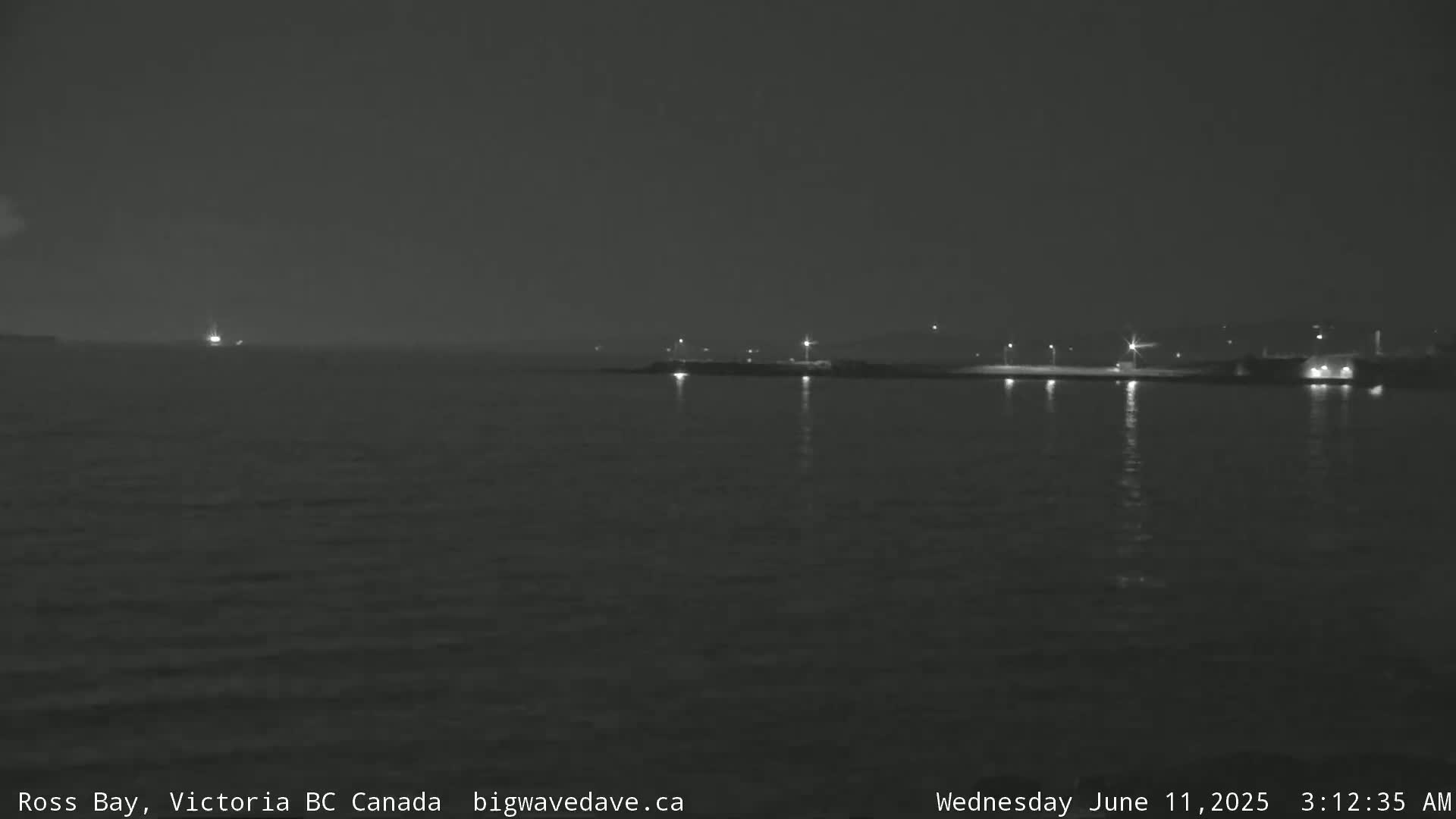 A nighttime, low-light view shows a dark body of water with faintly lit land and a few lights on distant vessels.