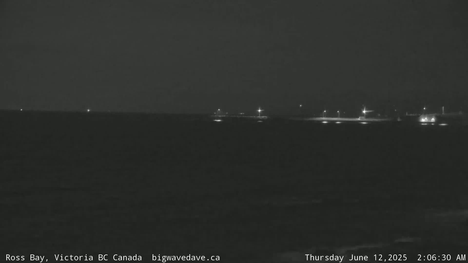 A dark nighttime coastal scene shows a calm body of water with faint lights visible on the horizon.