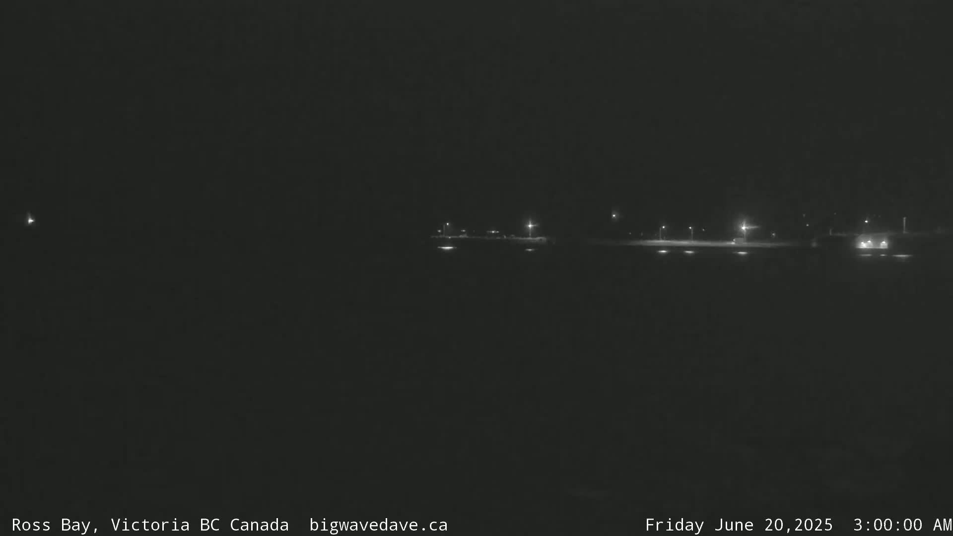 A dark, nighttime scene shows a flat, dimly lit area with a few distant lights.