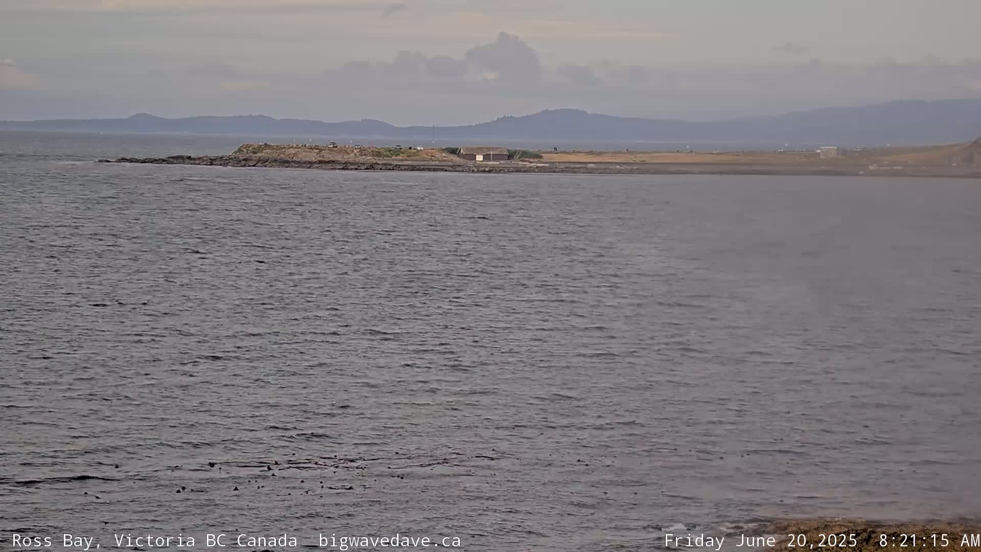 A calm, gray body of water stretches out to a distant shoreline with a small, flat island featuring a few structures under an overcast sky.