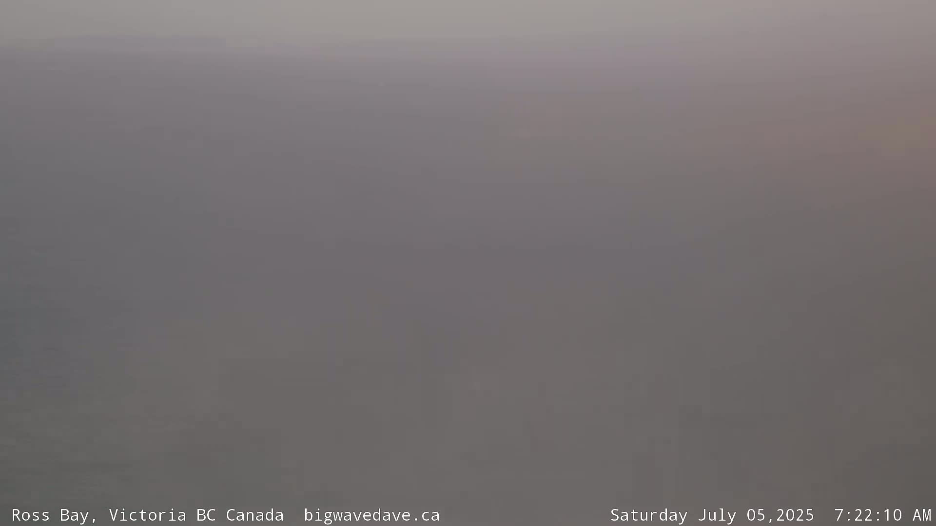 A hazy, gray scene of a body of water is visible on a foggy day.