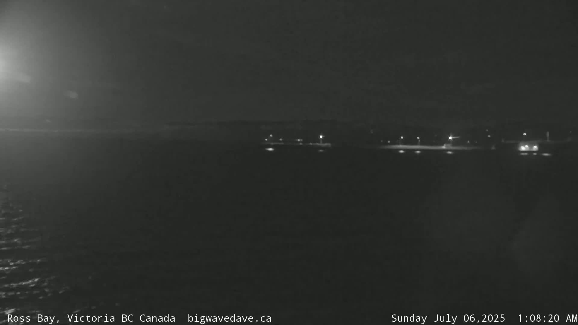 A dark, nighttime view of a body of water with a dimly lit shoreline in the distance.