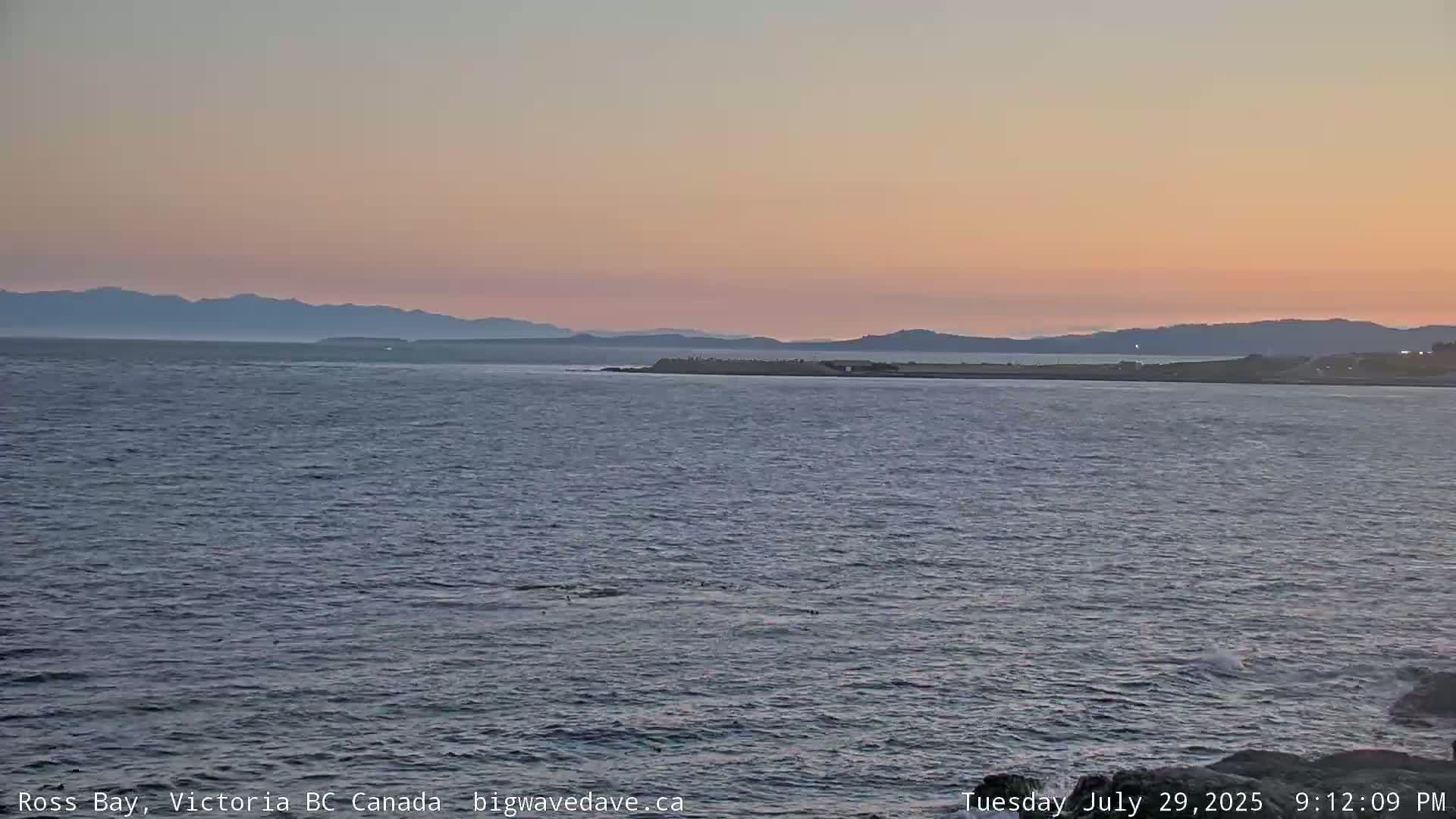 A dark nighttime view of a calm body of water reflecting a few distant lights on the shore.