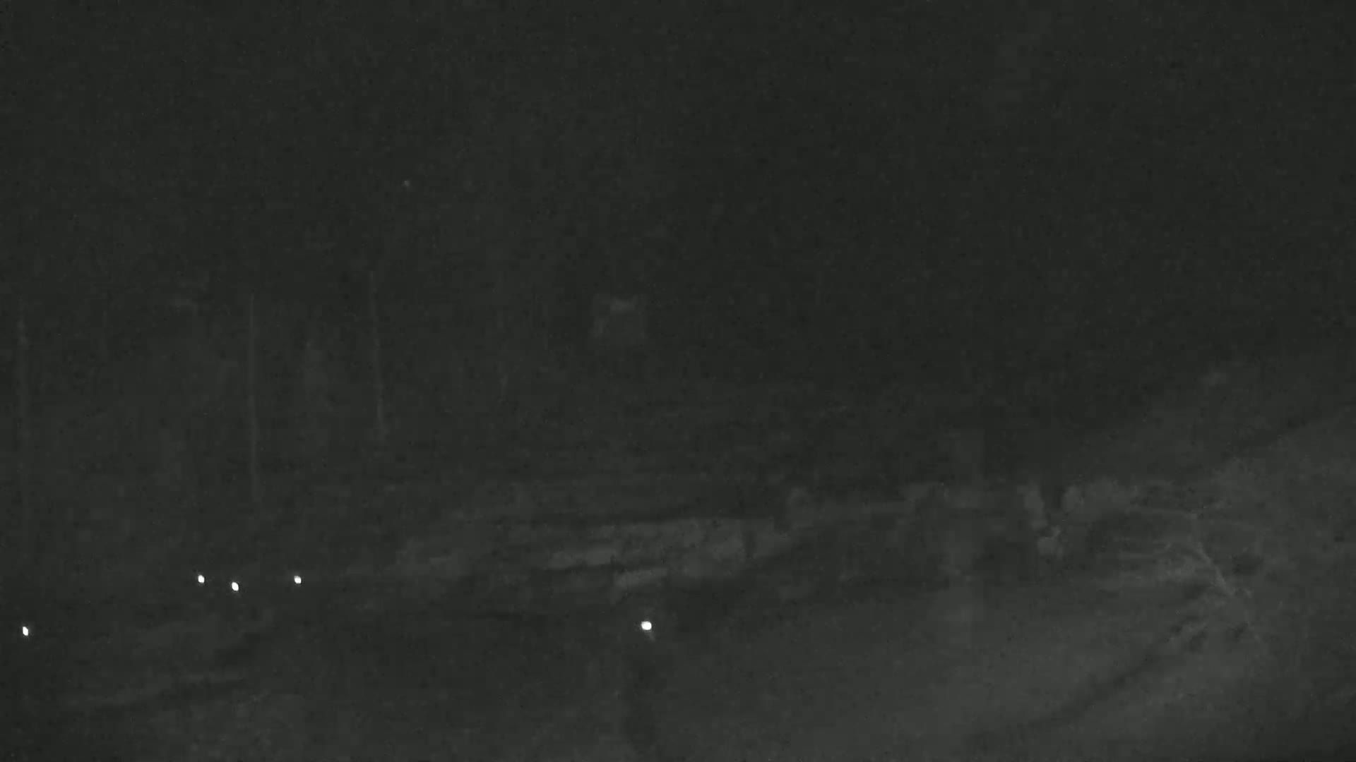 A nighttime, low-light image shows a dark, indistinct landscape with a few small, bright lights scattered across the bottom.
