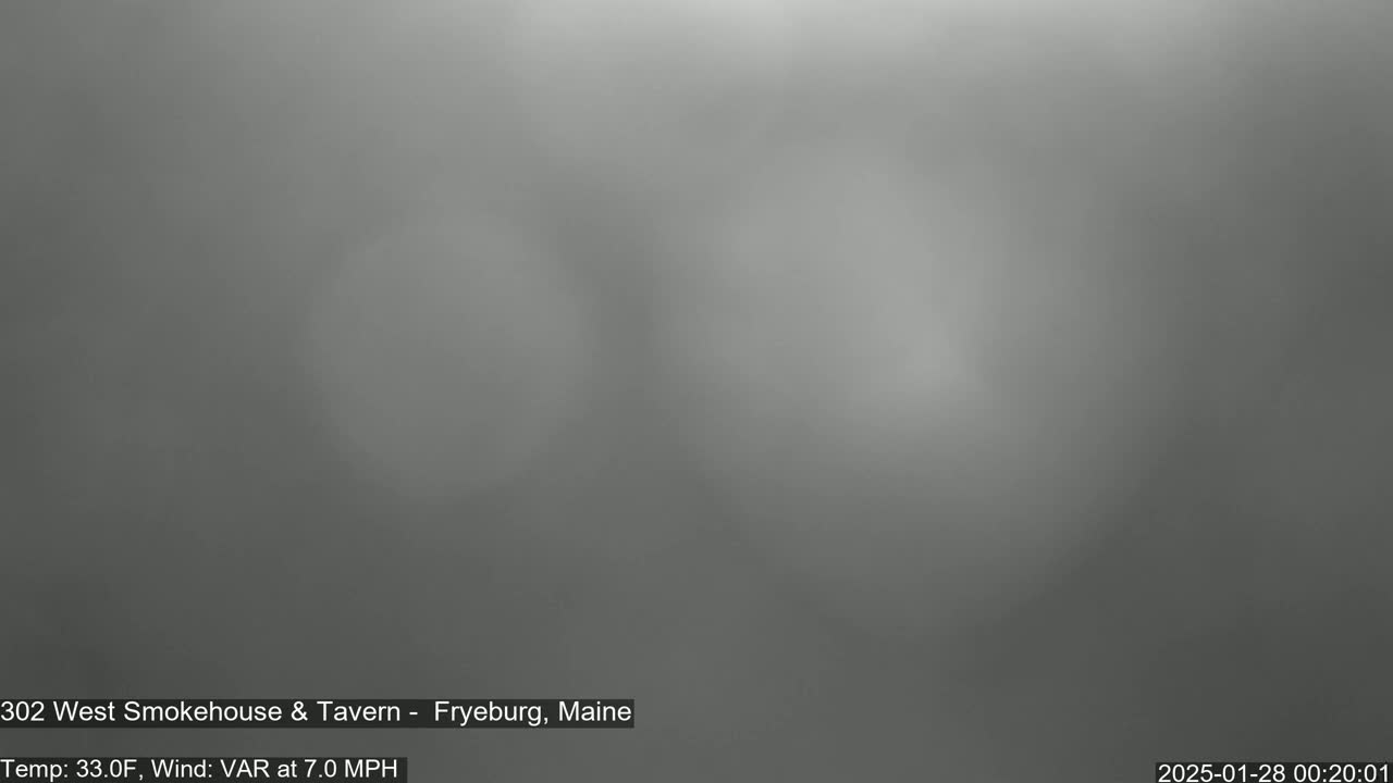 A blurry, gray image shows a foggy or hazy outdoor scene at 33 degrees Fahrenheit with variable winds at 7 mph.