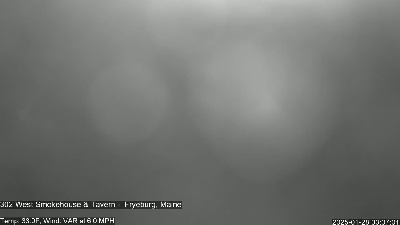 A blurry, gray, foggy scene is visible, with a temperature of 33 degrees Fahrenheit and a variable wind at 6 mph.
