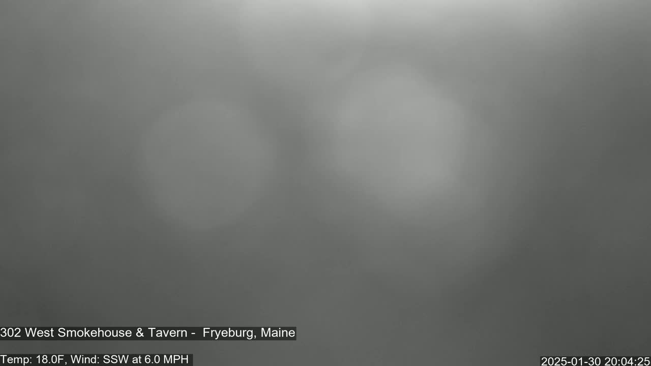 A blurry, gray image shows a foggy or hazy outdoor scene at 18 degrees Fahrenheit with a south-southwest wind.