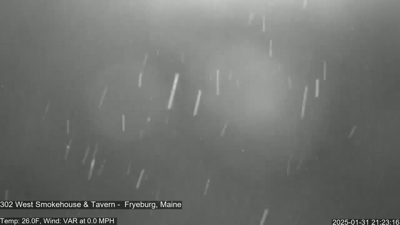 Light snow falls at night.