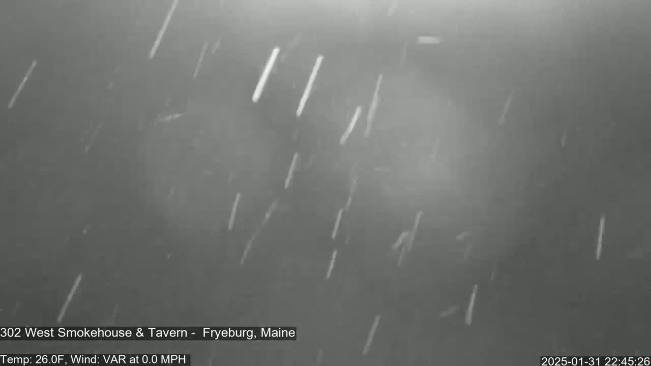 Light snow falls during a dark, nighttime scene.