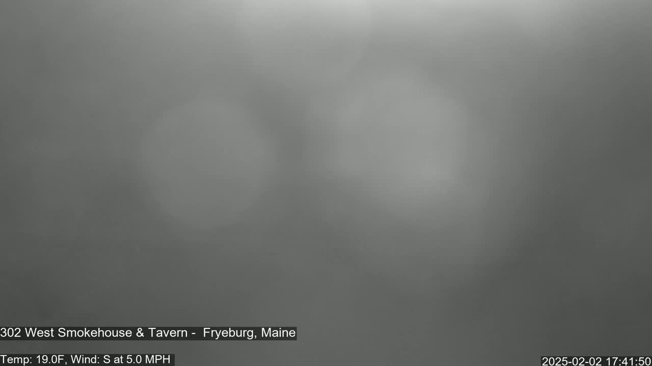 A blurry, gray image shows an overcast sky with a 19°F temperature and a 5 mph south wind.