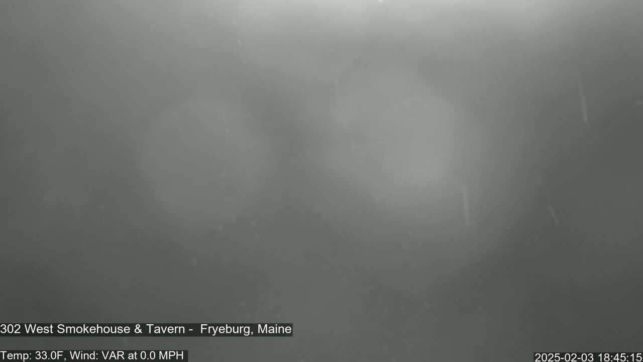 A blurry, gray image shows a very foggy or snowy outdoor scene with little to no visibility.