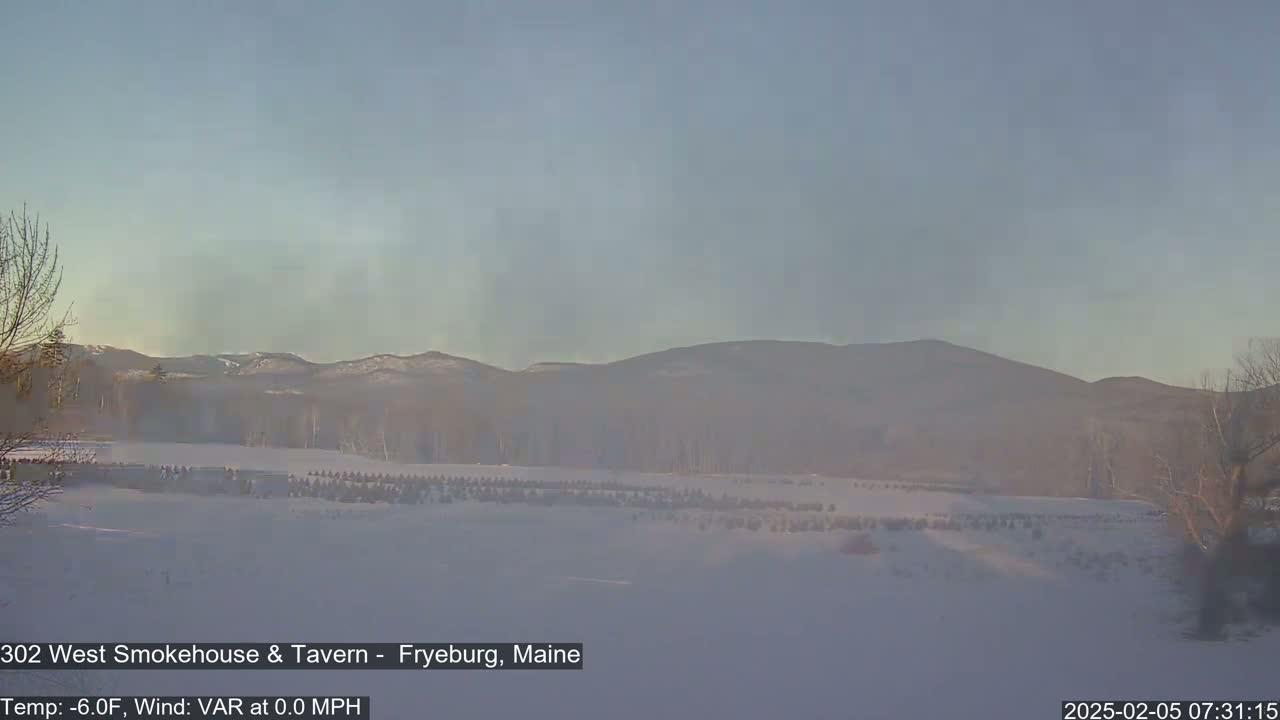 A snow-covered field stretches out before a hazy mountain range under a clear, pale sky.