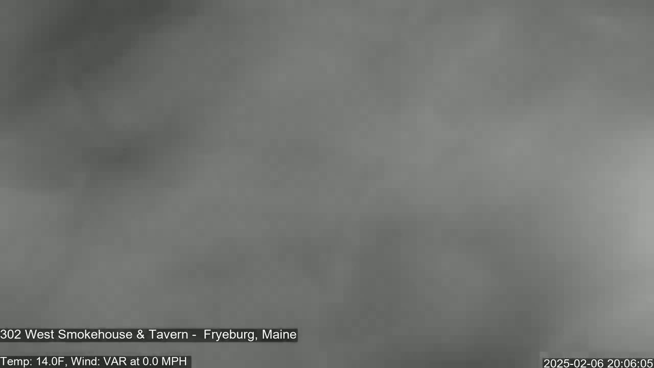 A blurry, gray image shows an overcast sky with a temperature of 14 degrees Fahrenheit and a variable wind of 0 mph.