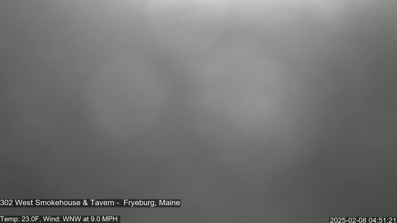 A blurry, gray image shows an overcast sky with a 23-degree Fahrenheit temperature and a 9 mph wind from the west-northwest.