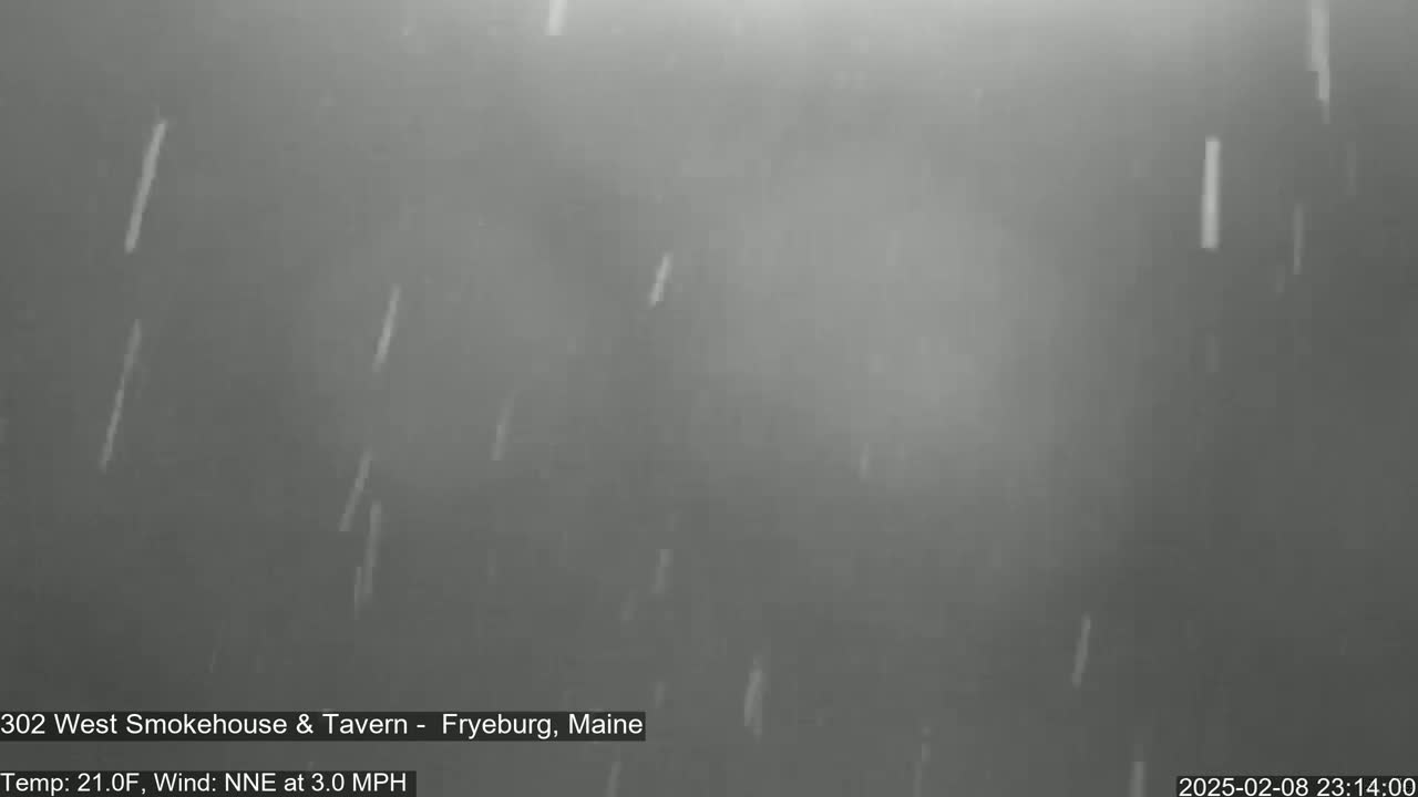 Light snow falls in a dark, blurry outdoor scene.