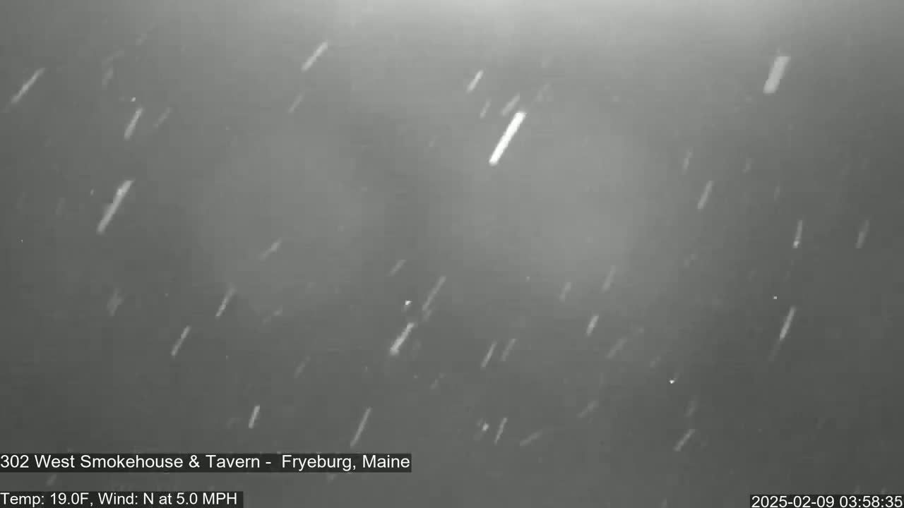Snow is falling in the dark.