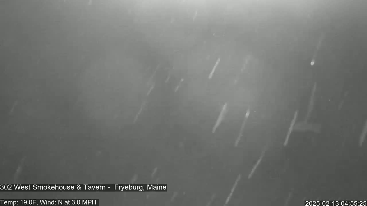 Light snow falls in a dark, outdoor setting.