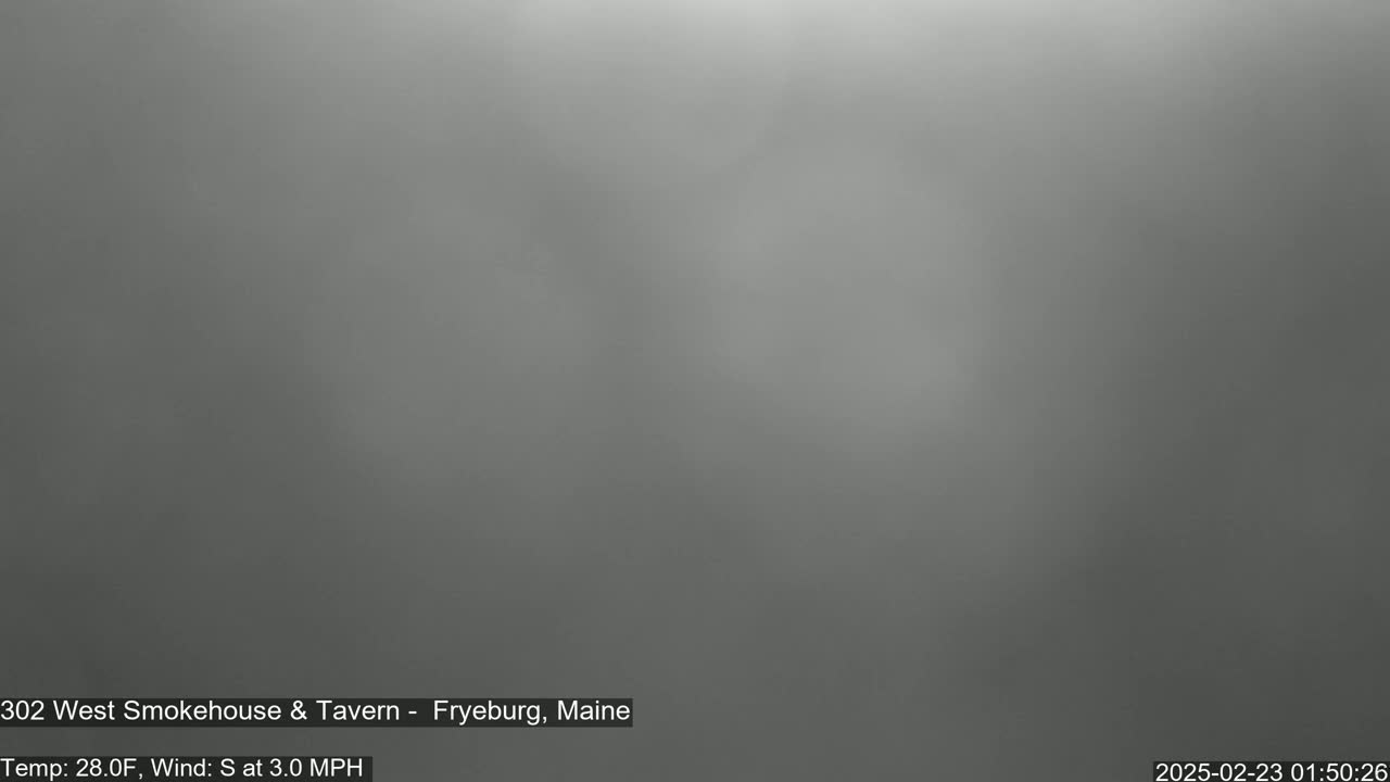 A blurry, gray image shows an overcast sky with a temperature of 28 degrees Fahrenheit and a south wind at 3 mph.
