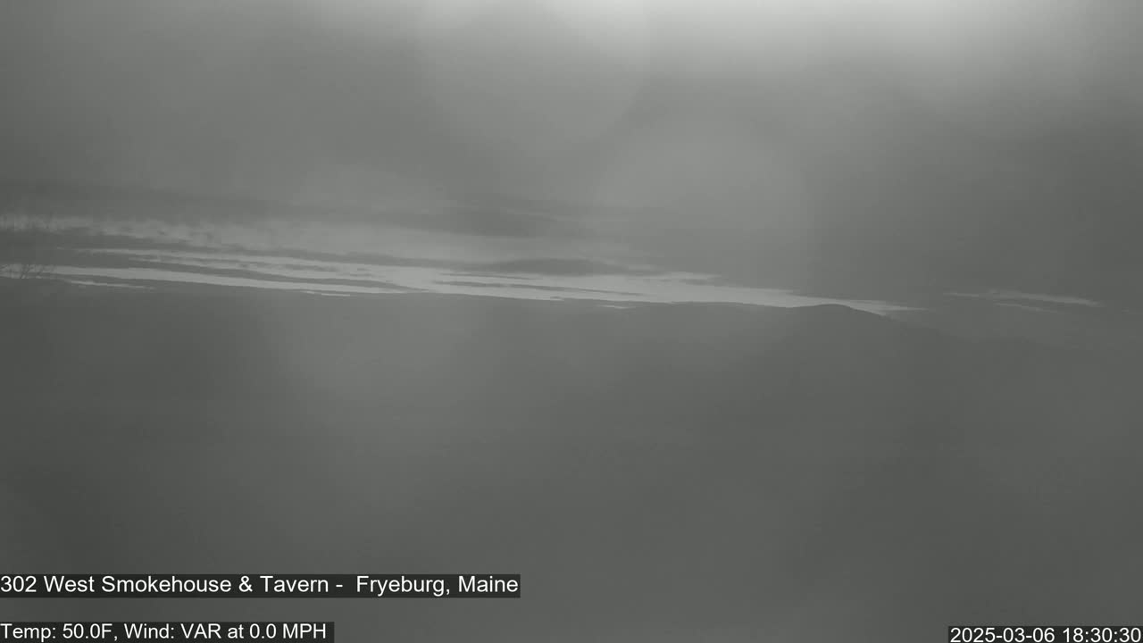 A hazy, overcast landscape shows distant hills under a pale sky.