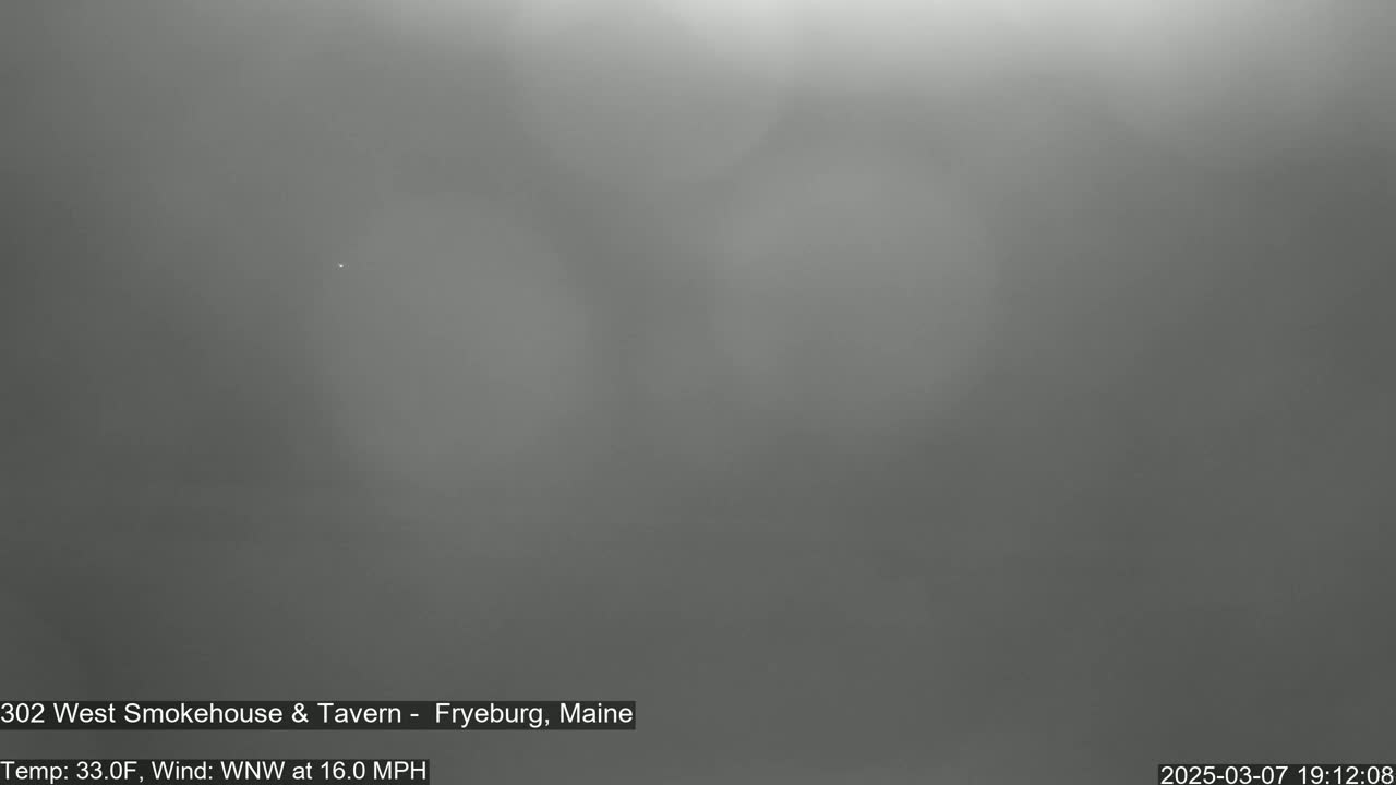 A blurry, gray image shows an overcast sky with a 33°F temperature and a 16 mph wind from the west-northwest.