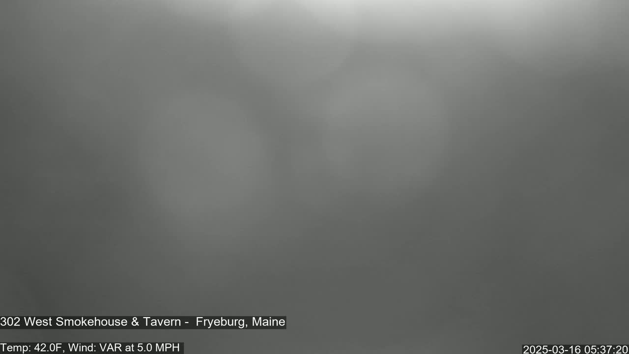 A blurry, gray image shows an overcast sky with a temperature of 42 degrees Fahrenheit and a variable wind at 5 mph.